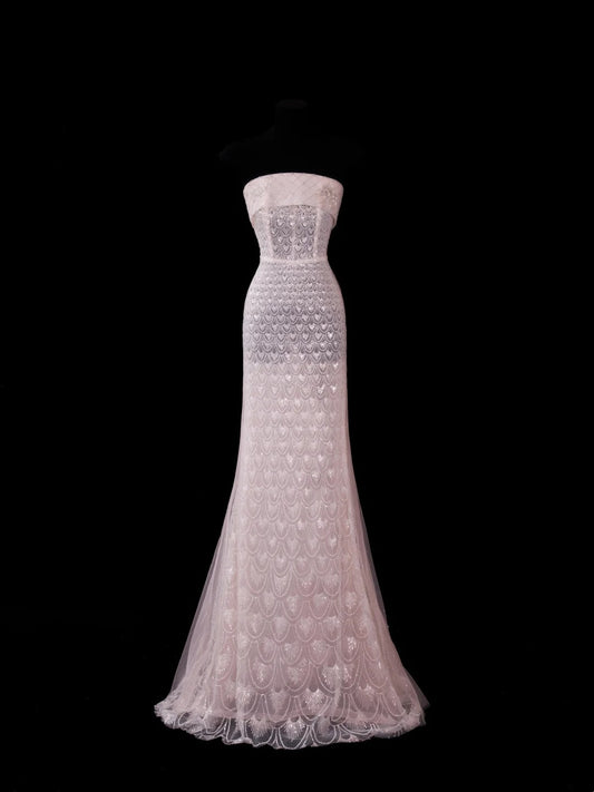 Elegantes, trägerloses, pinkfarbenes Paillettenkleid im Meerjungfrauenstil mit Schleppe – perfekt für Partys, Abschlussbälle und Hochzeiten (Modell N914)