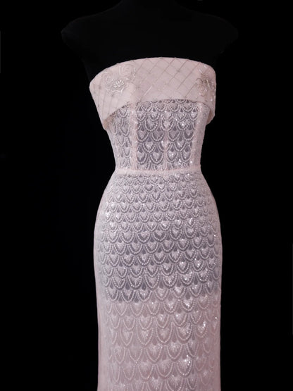 Robe de soirée longue rose sirène chic sans bretelles avec traîne et sequins, robe de bal élégante, robe d'invitée de mariage impressionnante N914