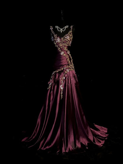 Chic Mermaid Spaghetti Strap Satin With Appliqued Long Party Dresses Prom Dresses Impress Wedding Guest Dress N916