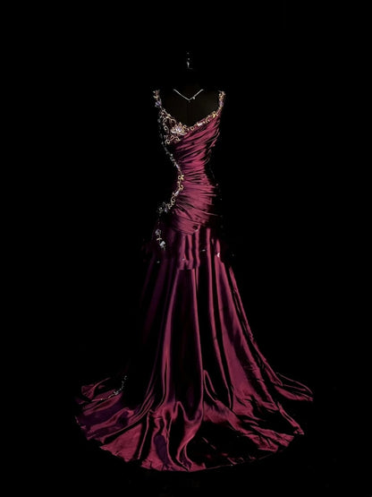 Chic Mermaid Spaghetti Strap Satin With Gold Appliqued Long Party Dresses Prom Dresses Impress Wedding Guest Dress N917