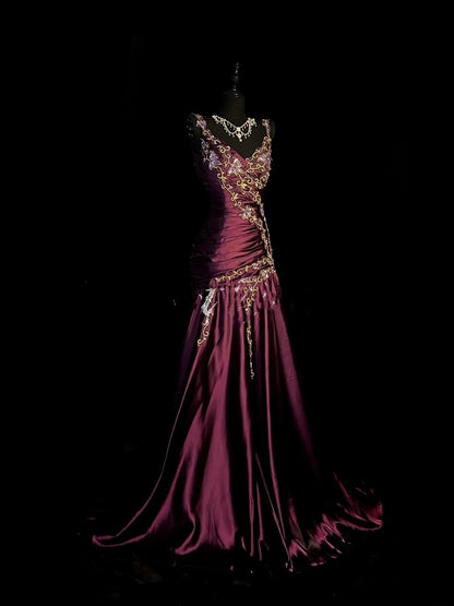 Chic Mermaid Spaghetti Strap Satin With Appliqued Long Party Dresses Prom Dresses Impress Wedding Guest Dress N916