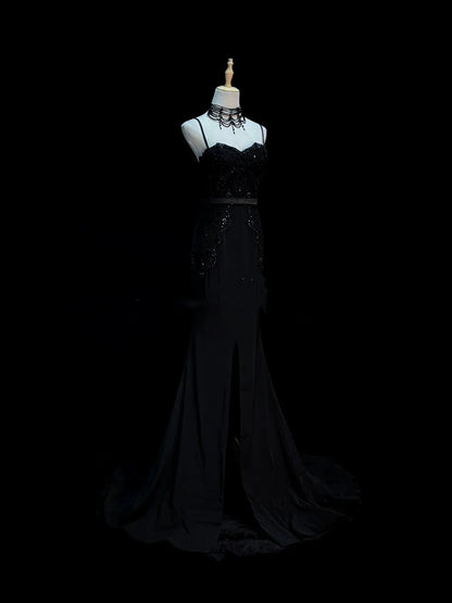 Chic Mermaid Spaghetti Strap Black With Beaded Appliques Long Party Dresses Prom Dresses Impress Wedding Guest Dress N918