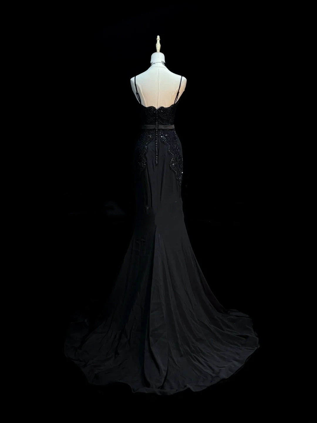 Chic Mermaid Spaghetti Strap Black With Beaded Appliques Long Party Dresses Prom Dresses Impress Wedding Guest Dress N918