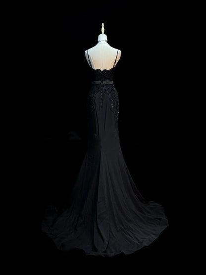 Chic Mermaid Spaghetti Strap Black With Beaded Appliques Long Party Dresses Prom Dresses Impress Wedding Guest Dress N918