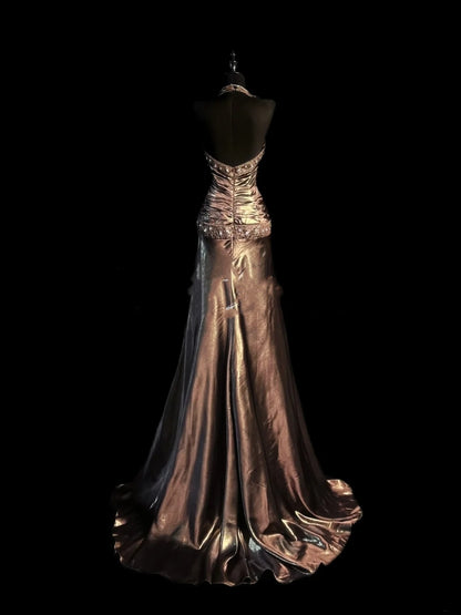 Robe de bal longue vintage sirène dos nu en satin ornée de perles et de pierres précieuses, robe de soirée, tenue pour un 18e anniversaire, robe de remise de diplôme N919