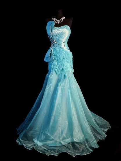 Vintage Meerjungfrauen-Abendkleid aus blauem Organza mit Herzausschnitt, langes Ballkleid, Partykleid zum 18. Geburtstag, Abschlusskleid N911