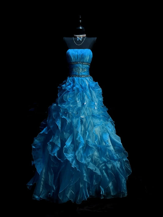 Modest Ball Gown Strapless Blue Organza Long Prom Dresses Party Dress 21st Birthday Outfits Graduation Gown N921