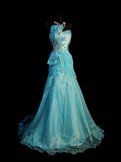 Vintage Meerjungfrauen-Abendkleid aus blauem Organza mit Herzausschnitt, langes Ballkleid, Partykleid zum 18. Geburtstag, Abschlusskleid N911