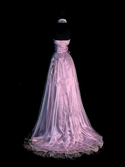 Vintage A-Linien-Kleid mit V-Ausschnitt aus den 1950er Jahren in Flieder mit Perlenapplikationen, langes Ballkleid, Partykleid, Outfit zum 18. Geburtstag, Abschlusskleid N922