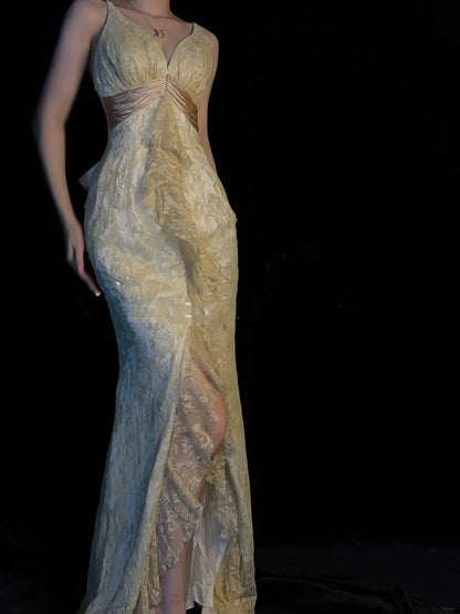 Chic Mermaid V Neck Yellow Lace Long Party Dresses Prom Dresses Impress Wedding Guest Dress N924