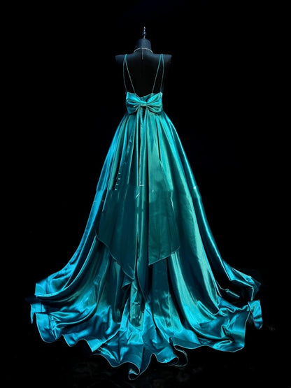 Chic A line Spaghetti Strap Blue Satin Long Party Dresses Prom Dresses Impress Wedding Guest Dress N910