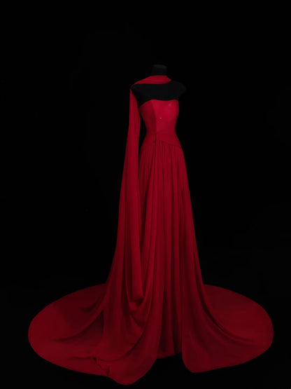 Chic A line Strapless Red Chiffon With Scarf Long Party Dresses Prom Dresses Impress Wedding Guest Dress N912