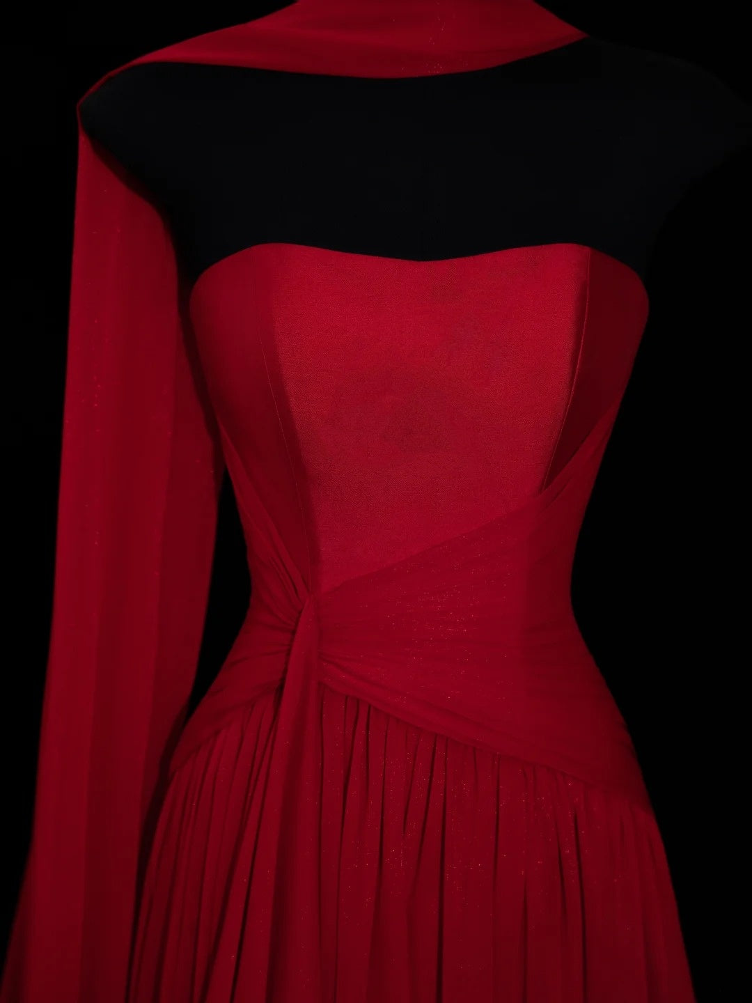 Chic A line Strapless Red Chiffon With Scarf Long Party Dresses Prom Dresses Impress Wedding Guest Dress N912