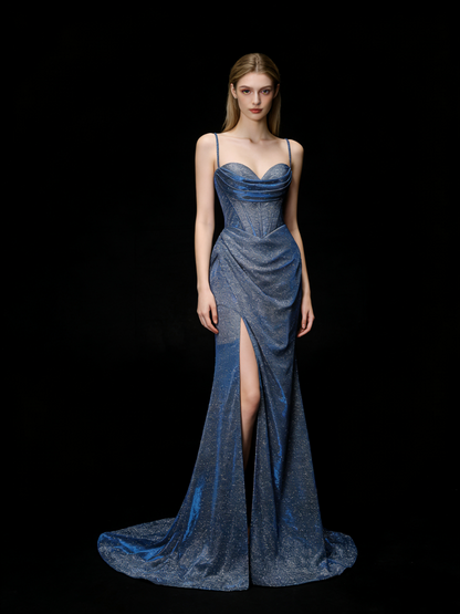 Chic Mermaid Spaghetti Strap Navy Blue Sequin Long Party Dresses Prom Dresses Impress Wedding Guest Dress N926