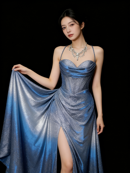 Chic Mermaid Spaghetti Strap Navy Blue Sequin Long Party Dresses Prom Dresses Impress Wedding Guest Dress N926