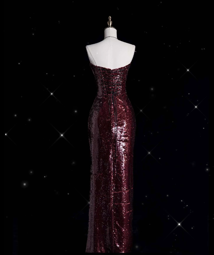 Robe de bal longue vintage fourreau sans bretelles bordeaux à sequins avec fente, tenue de soirée formelle N932