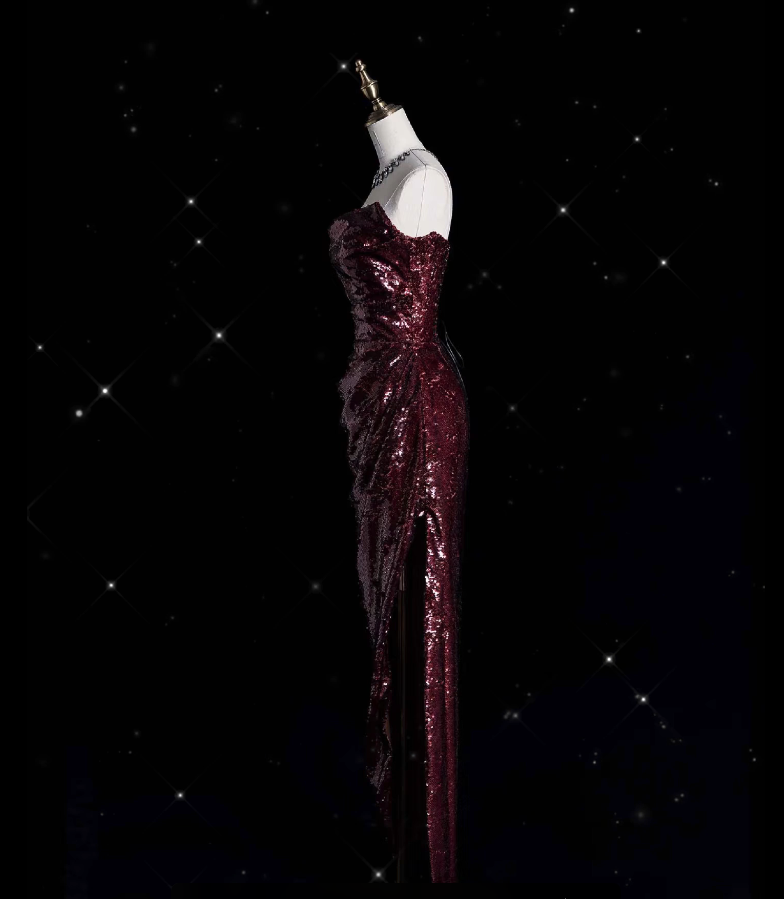 Robe de bal longue vintage fourreau sans bretelles bordeaux à sequins avec fente, tenue de soirée formelle N932