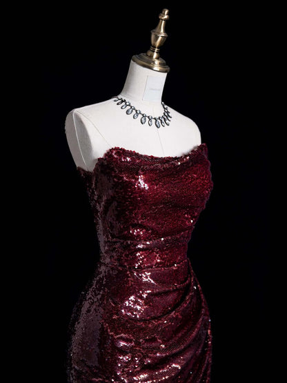 Robe de bal longue vintage fourreau sans bretelles bordeaux à sequins avec fente, tenue de soirée formelle N932