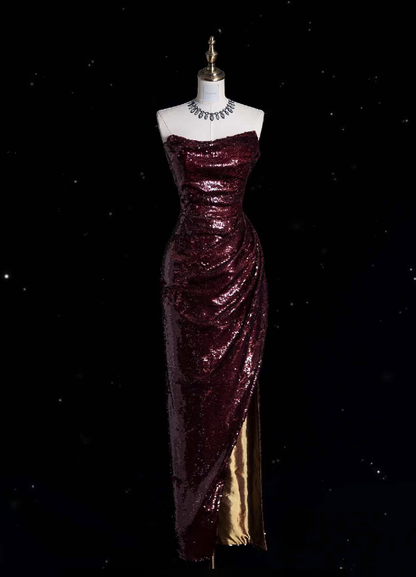 Robe de bal longue vintage fourreau sans bretelles bordeaux à sequins avec fente, tenue de soirée formelle N932