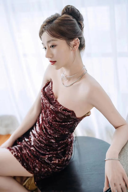 Robe de bal longue vintage fourreau sans bretelles bordeaux à sequins avec fente, tenue de soirée formelle N932