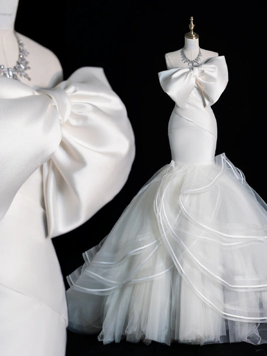 Modest Mermaid Strapless With Bow-knot White Satin Wedding Dress Long Fairytale Autumn Bridal Dresses N518