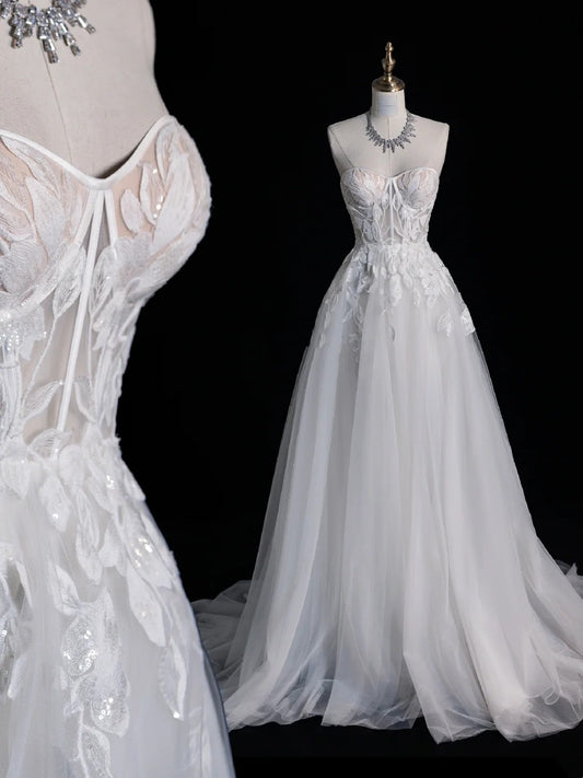 Charming A Line Sweetheart With Appliques White Tulle Wedding Dress Long Fairytale Autumn Bridal Dresses N519