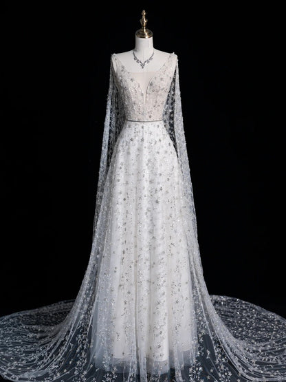 Bezauberndes A-Linien-Brautkleid mit V-Ausschnitt und Cape aus weißem Tüll, langes märchenhaftes Herbstbrautkleid N520