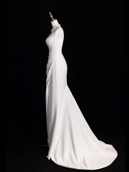 Bezauberndes Meerjungfrauen-Sommerkleid aus Satin mit eckigem Ausschnitt und Schlitz, langes märchenhaftes Herbst-Brautkleid N521