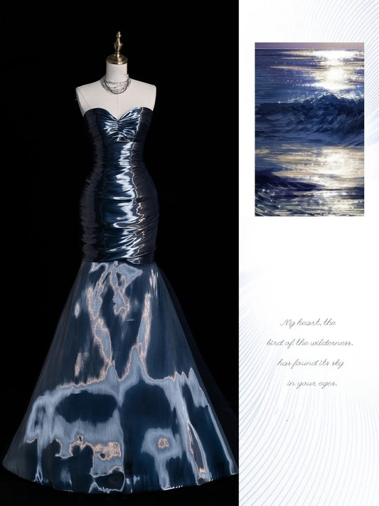 Retro-Meerjungfrauen-Abendkleid in Marineblau im Stil der 2000er Jahre – Inspiration für Outfits zum 19. Geburtstag – Festliches Kleid N522