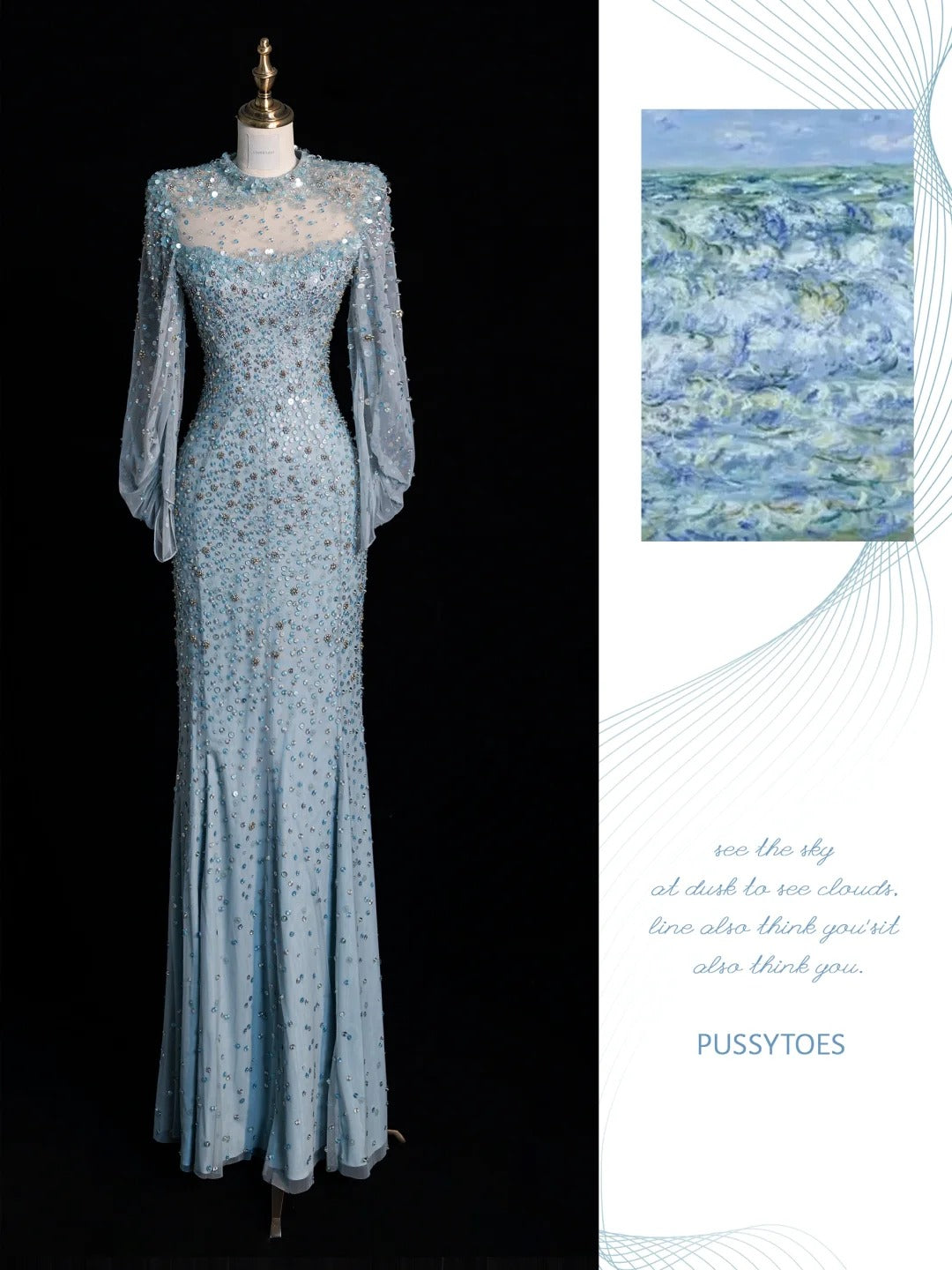 Funkelndes, langes Paillettenkleid im Meerjungfrauenstil mit Schmuckkragen, blau, Inspiration für Outfits zum 19. Geburtstag, formelles Kleid N525