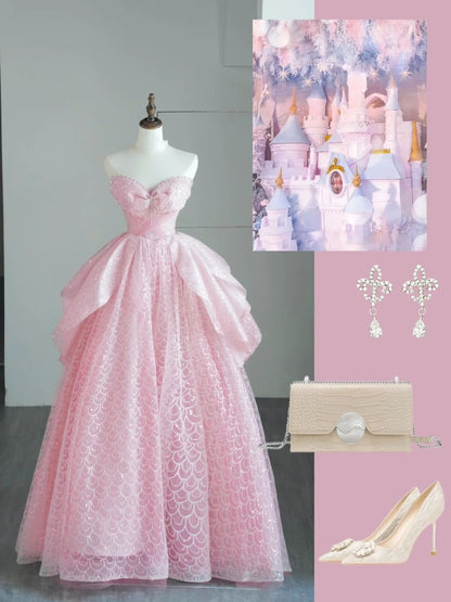 Niedliches Ballkleid mit Herzausschnitt, langes rosa Tüllkleid, Inspiration für Outfits zum 19. Geburtstag, formelles Kleid N528
