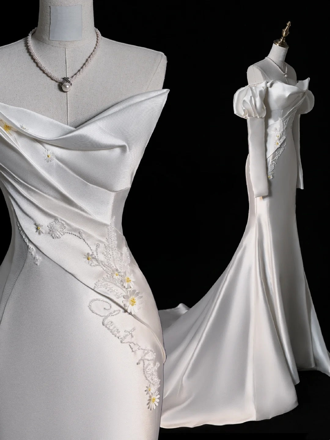 Elegantes, weißes Brautkleid im Meerjungfrauenstil mit langen Ärmeln aus Satin – ein märchenhaftes Herbstkleid (Modell N513)