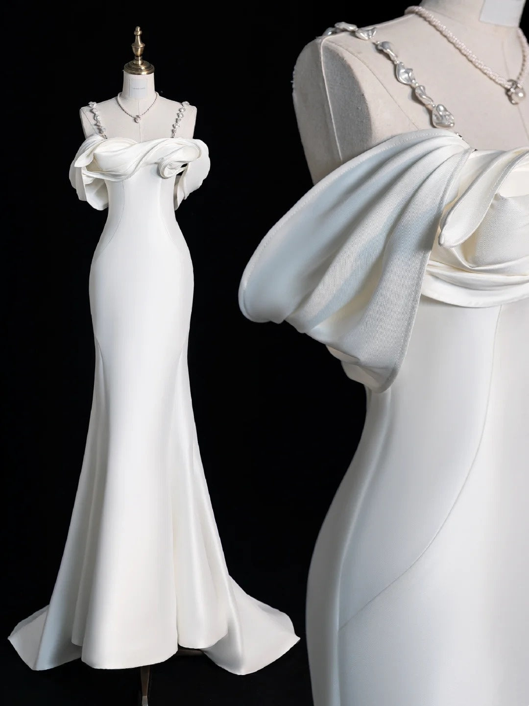 Robe de mariée sirène modeste en satin blanc, décolleté en cœur, bretelles et manches longues, style féerique, idéale pour un mariage d'automne (N514)