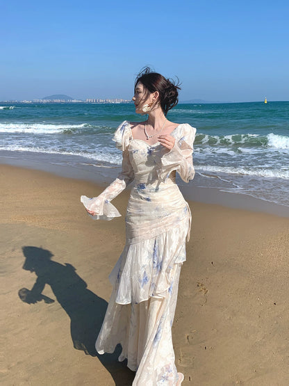 Robe de bal sirène élégante à col carré et manches longues en mousseline bleue à imprimé floral, idéale pour une soirée d'anniversaire ou un 16e anniversaire (AB2466)