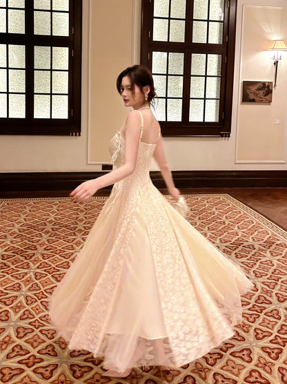 Robe de bal sexy trapèze à fines bretelles en dentelle abricot, robe d'invitée de mariage, tenue pour un 20e anniversaire AB2469