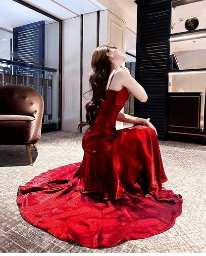 Elegantes Meerjungfrauen-Abendkleid mit Spaghettiträgern, silbernen Rüschen, langes Kleid für Teenager, Abschlussball, 20. Geburtstag AB2506