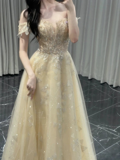 Robe de bal longue élégante à épaules dénudées, manches courtes et sequins, coupe trapèze, idéale pour les soirées dansantes et les fêtes (AB2200)