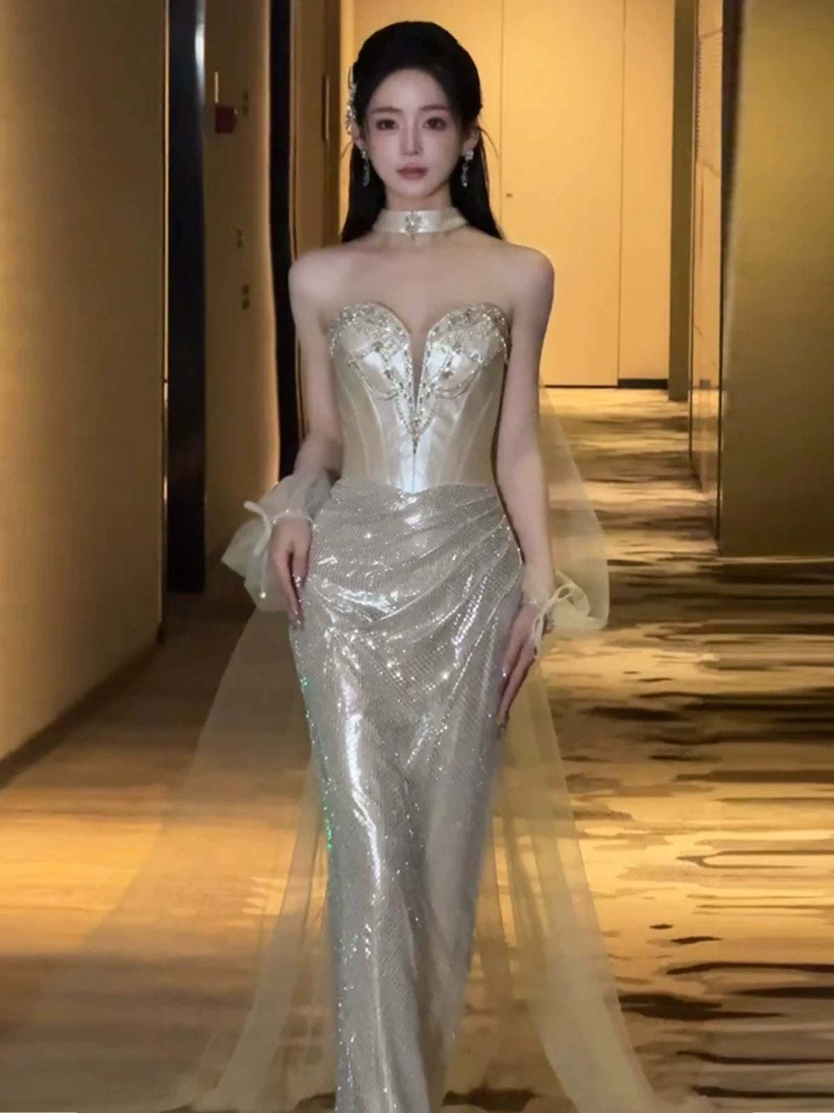 Sexy Meerjungfrauen-Abendkleid mit Pailletten, champagnerfarben, langes, formelles Ballkleid, Tanznacht-Outfit, Partykleid AB2204