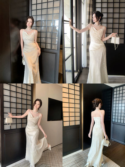 Elegantes Meerjungfrauen-Abendkleid mit Spaghettiträgern, Spitze und Chiffon, knöchellang, perfekt für Abschlussball, 16. Geburtstag oder Party (AB2420)