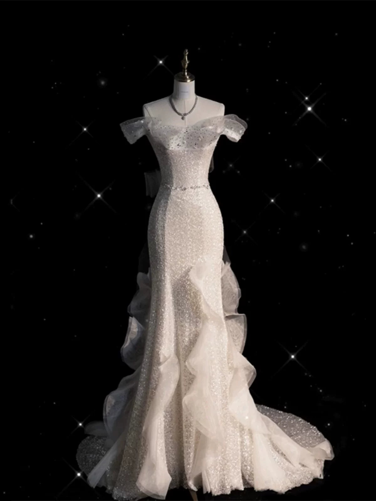 Robe de mariée sirène à paillettes blanches épaules dénudées AB2335