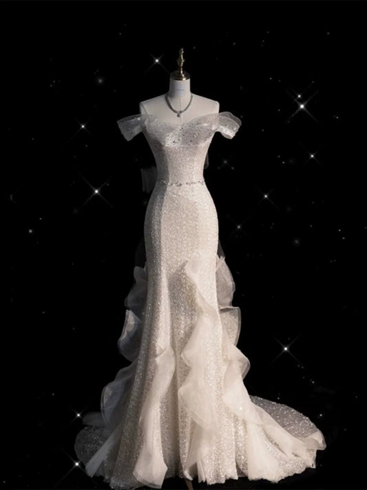 Sparkly Wedding Dresses Mermaid Off The Shoulder White Sequins Brides Dress For Brides Fitted Bridal Gown AB2335