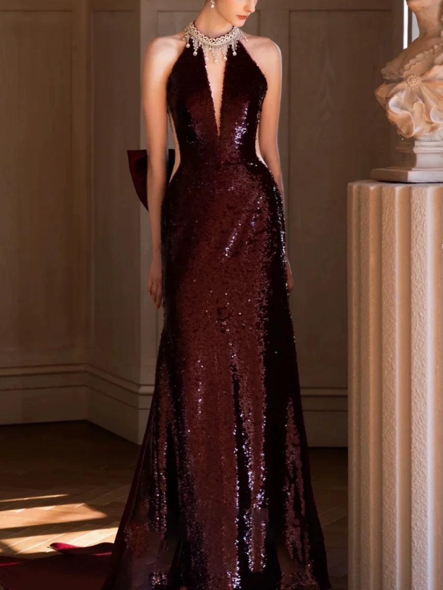 Robe de bal sirène modeste à col montant et sequins bordeaux, inspiration robe de soirée longue pour un 21e anniversaire AB2293