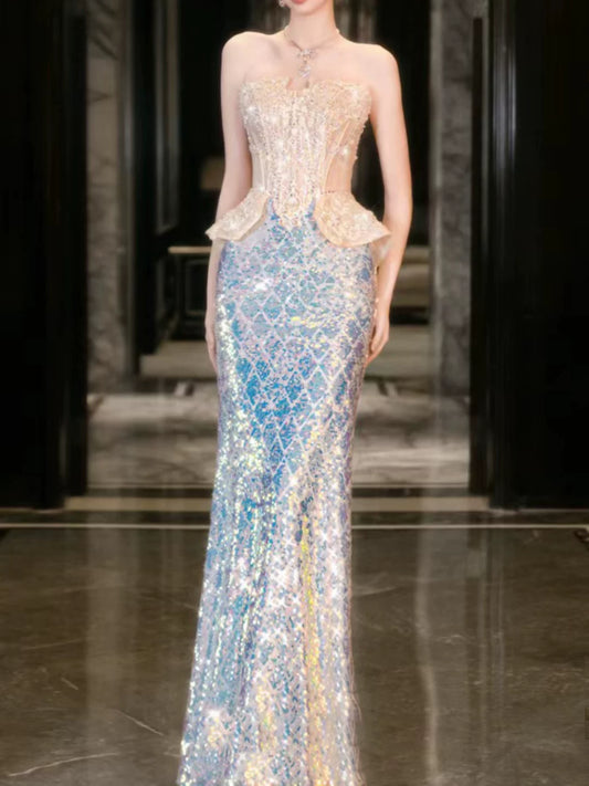 Elegantes, trägerloses Paillettenkleid im Meerjungfrauenstil in Champagner – Inspiration für lange Party-Abendkleider zum 21. Geburtstag AB2291