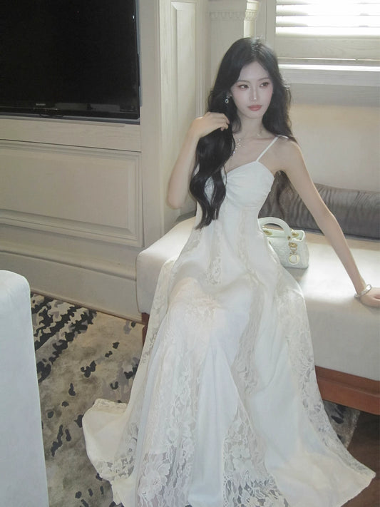 Elegant A Line Spaghetti Strap White Lace Long Pleated Prom Dress Aesthetic Graduation Birthday Outfits N093