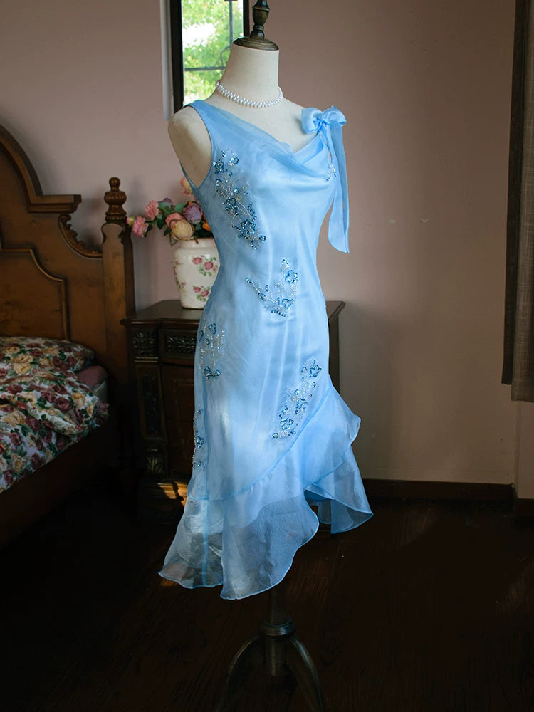 Vintage Meerjungfrauen-Abendkleid aus den 1980er Jahren, knielang, blau mit Perlen, Inspiration für Partys, Abendkleider, Outfits zum 18. Geburtstag AB2373