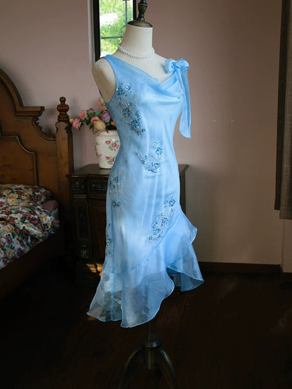 Vintage Meerjungfrauen-Abendkleid aus den 1980er Jahren, knielang, blau mit Perlen, Inspiration für Partys, Abendkleider, Outfits zum 18. Geburtstag AB2373