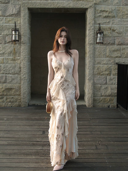 Robe de bal longue sirène élégante à fines bretelles en mousseline rose à sequins roses, à plusieurs couches, tenue de soirée de remise de diplômes esthétique N085