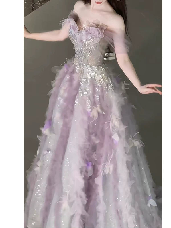 Süßes Ballkleid, schulterfrei, aus rosa Tüll, Inspiration für lange Party-Nachtkleider, Outfits zum 20. Geburtstag AB2238