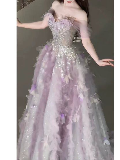 Süßes Ballkleid, schulterfrei, aus rosa Tüll, Inspiration für lange Party-Nachtkleider, Outfits zum 20. Geburtstag AB2238