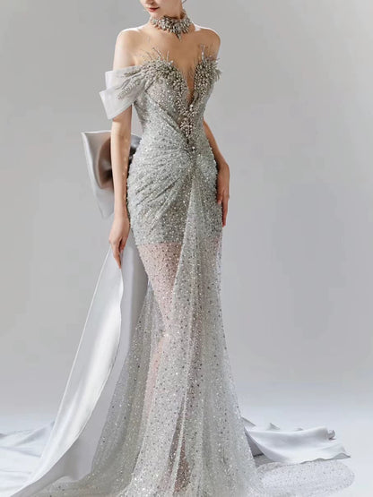 Vintage silbergraues Meerjungfrauen-Abendkleid, schulterfrei, perlenbesetzt, langes Partykleid, Geburtstagsoutfit AB2314
